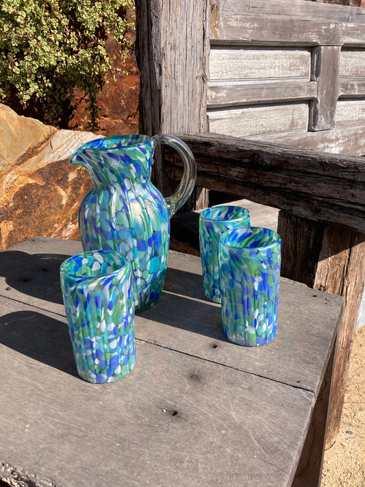 Hand Blown Water Glass - Aegean Blue Iridescent