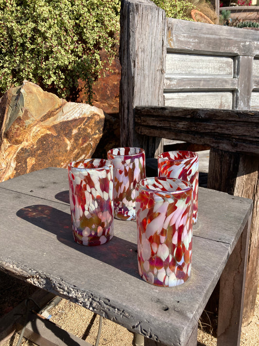 Hand Blown Water Glass - Red/White Iridescent Confetti