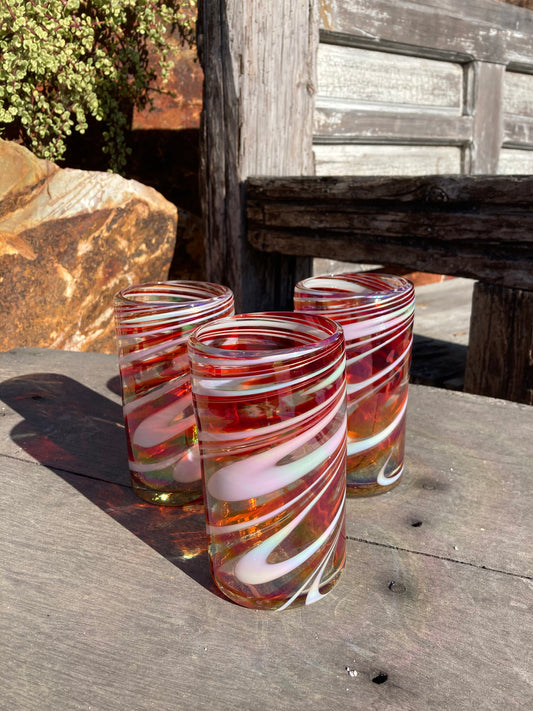 Hand Blown Water Glass - Red/White Iridescent Swirl