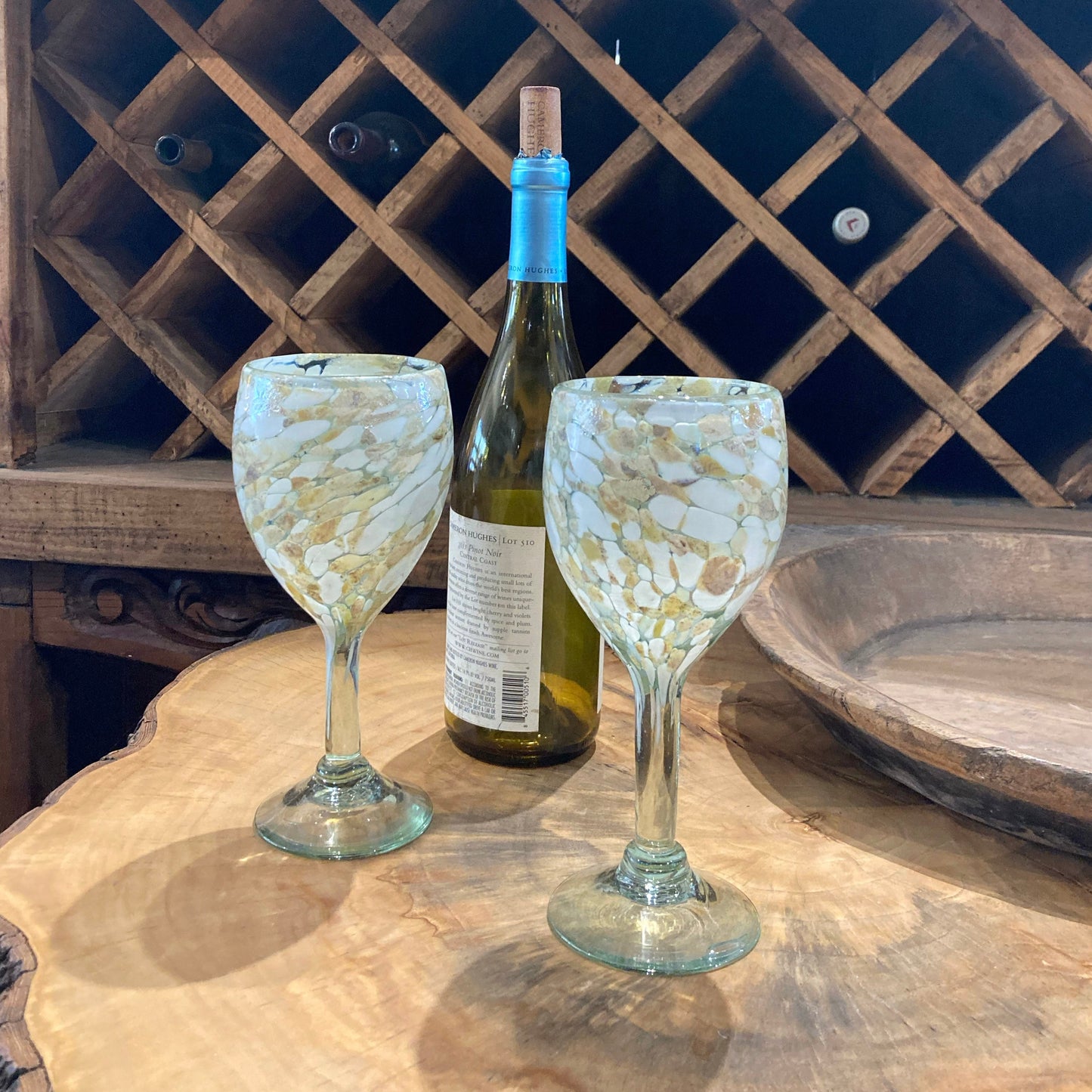 Hand Blown Wine Glass - White / Tan Confetti