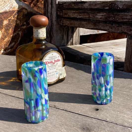 Hand Blown Shot Glass - Aegean Blue Iridescent