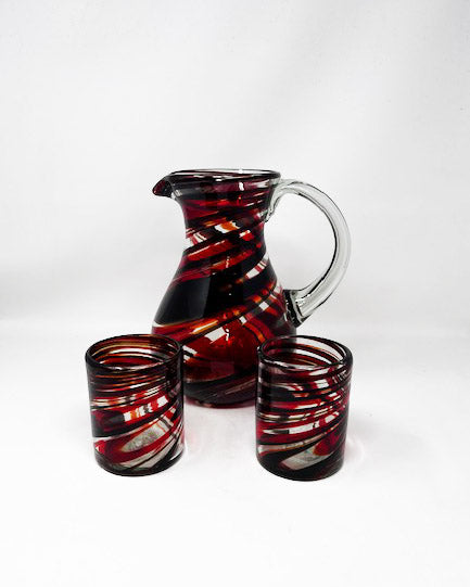 80 oz Hand Blown Glass Pitcher - HG Mocha and Red Swirl