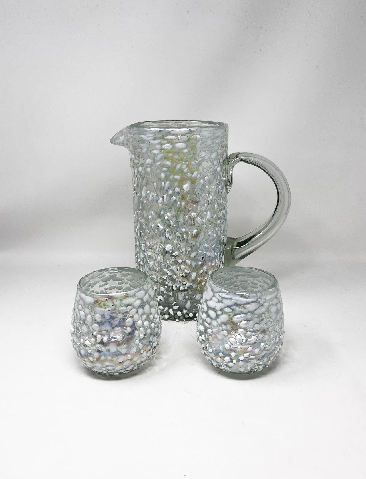 64 oz Hand Blown Glass Pitcher - Tall White Graniti