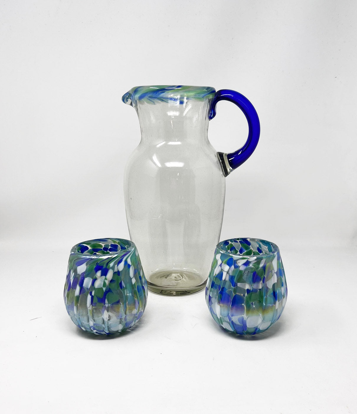80 oz Hand Blown Glass Pitcher - Tall Curved Aegean Blue Rim