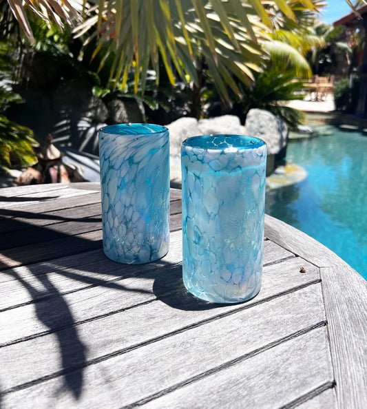 Hand Blown Water Glass - Blue Ice Iridescent
