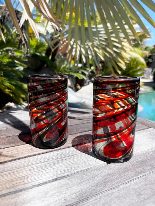 Hand Blown Water Glass - Red / Chocolate Swirl