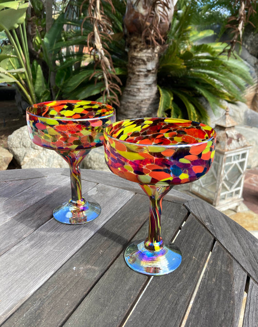 Hand Blown Margarita Glass - Red/Orange Iridescent Confetti