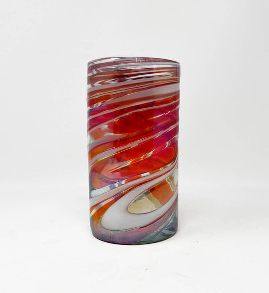 Hand Blown Water Glass - Red/White Iridescent Swirl