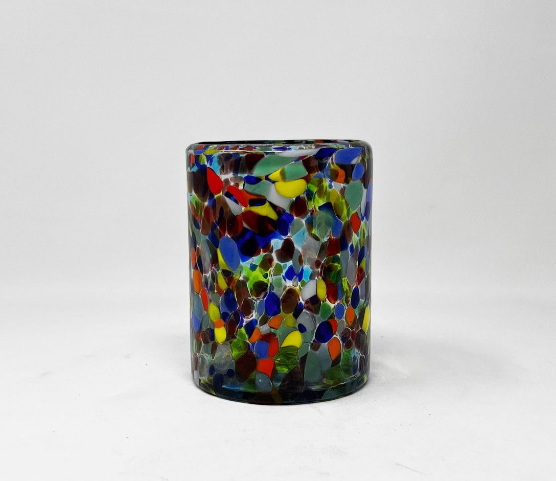 Hand Blown Low Ball Tumbler Glass - Turquoise Confetti