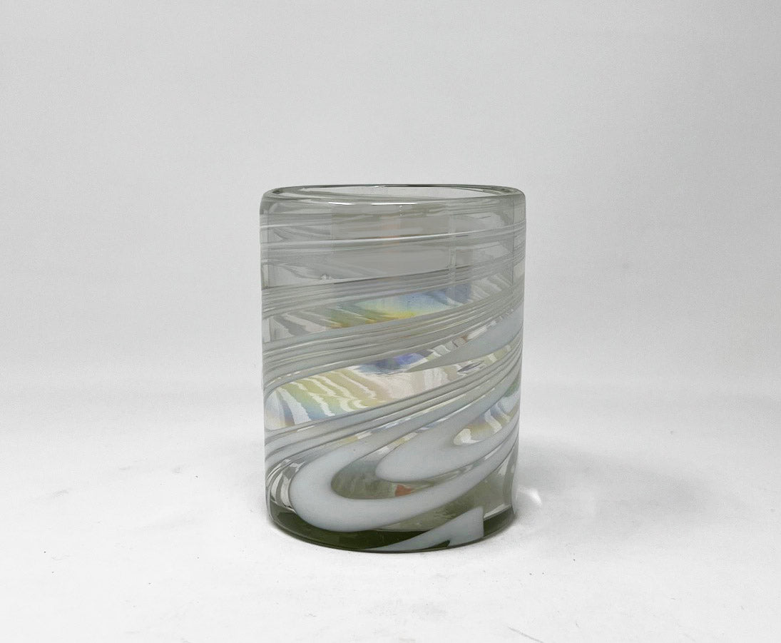 Hand Blown Low Ball Tumbler Glass - White Iridescent Swirl