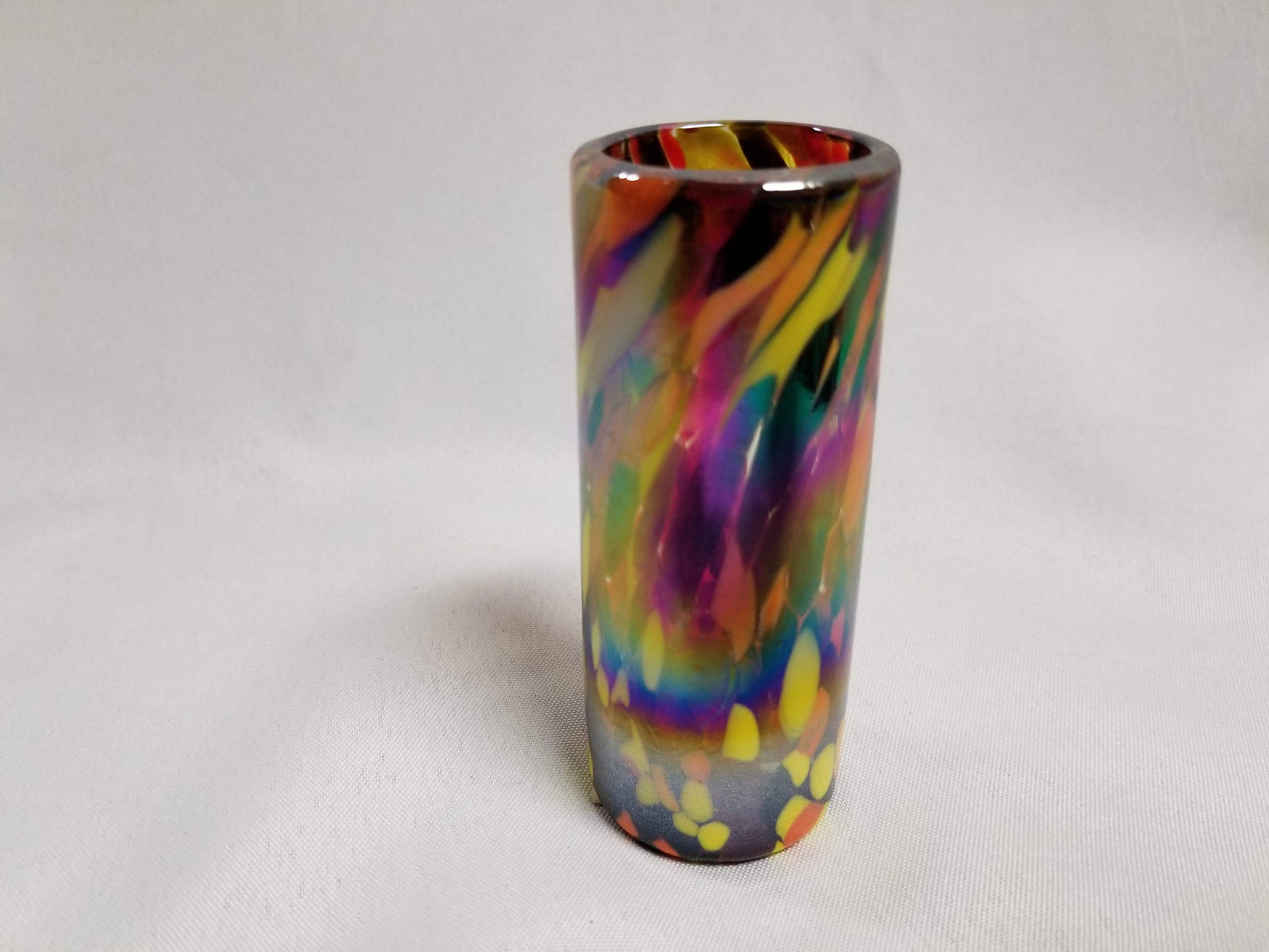 Hand Blown Shot Glass - Red/Orange Iridescent Confetti