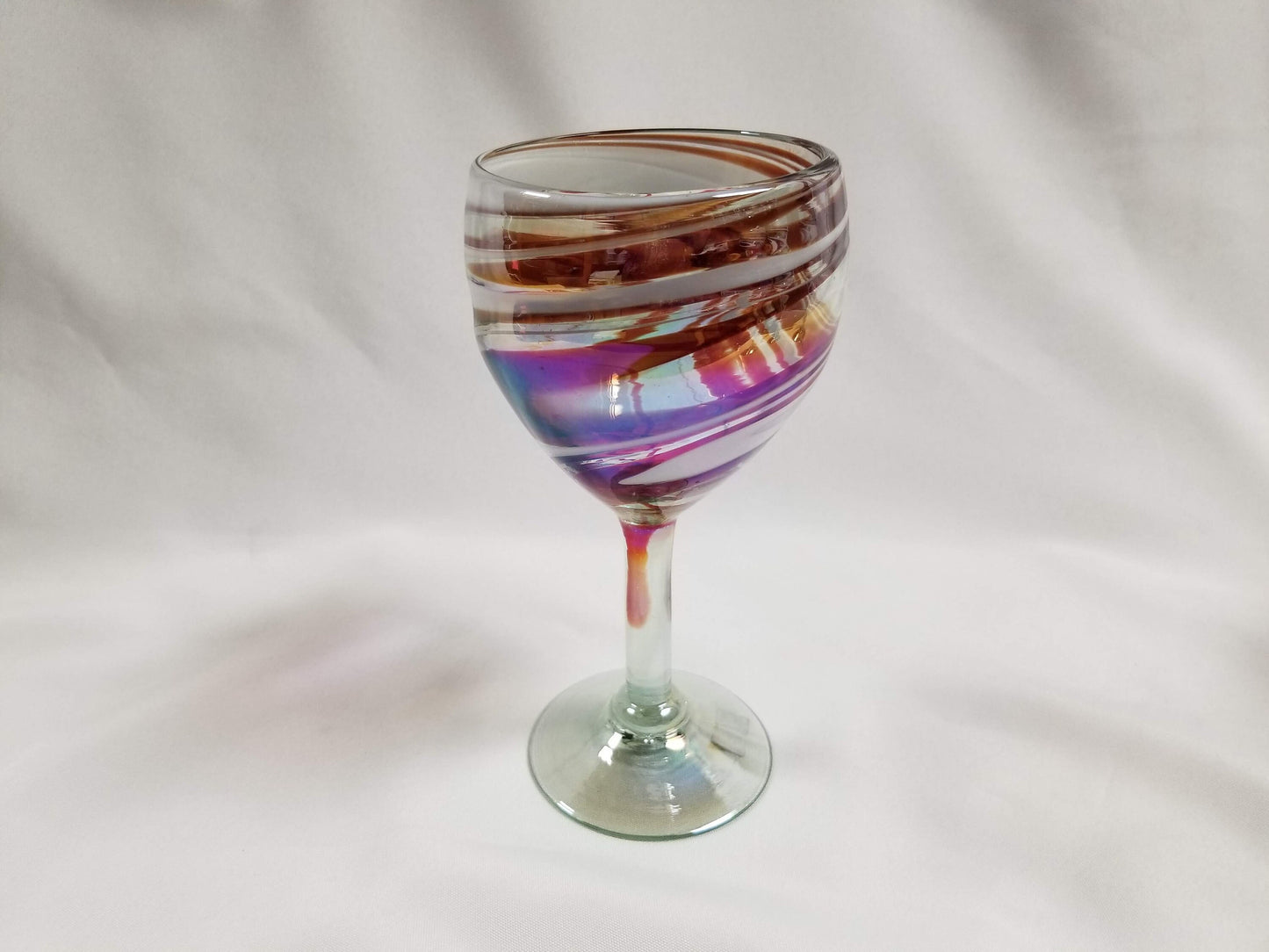 1 Hand Blown Wine Glass - Red/White Iridescent Swirl - Blue Dorado Designs