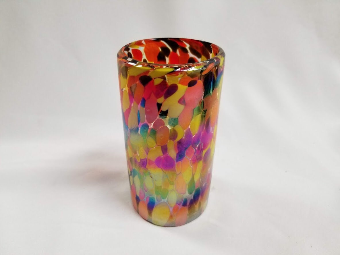 1 Hand Blown Water Glass - Red/Orange Iridescent Confetti - Blue Dorado Designs