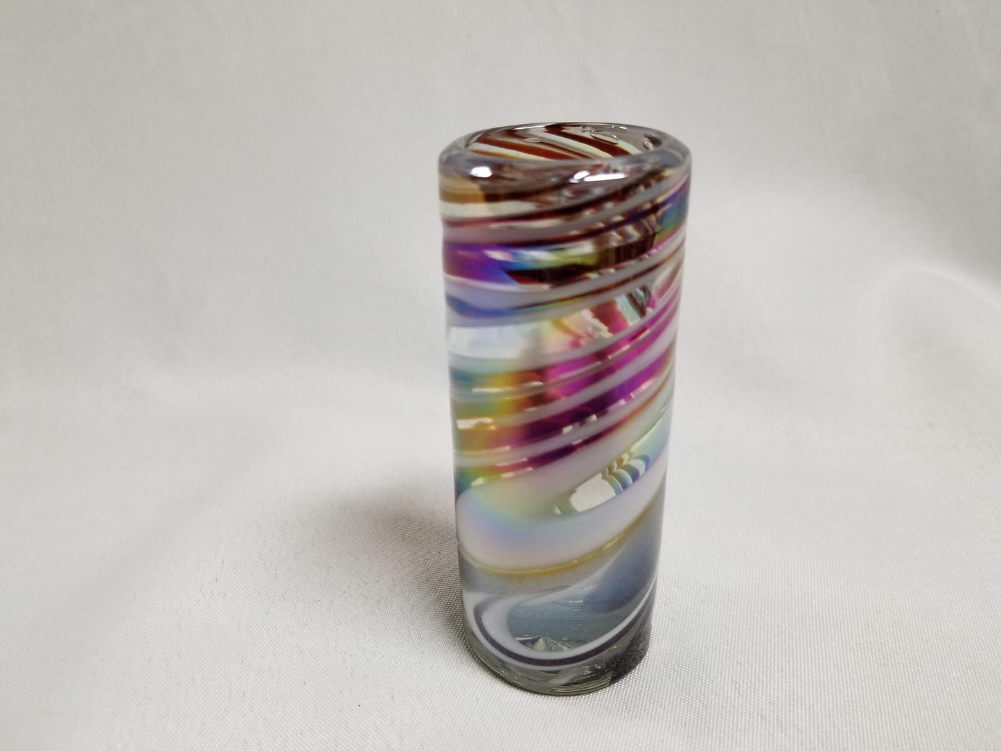 Hand Blown Shot Glass - Red/White Iridescent Swirl