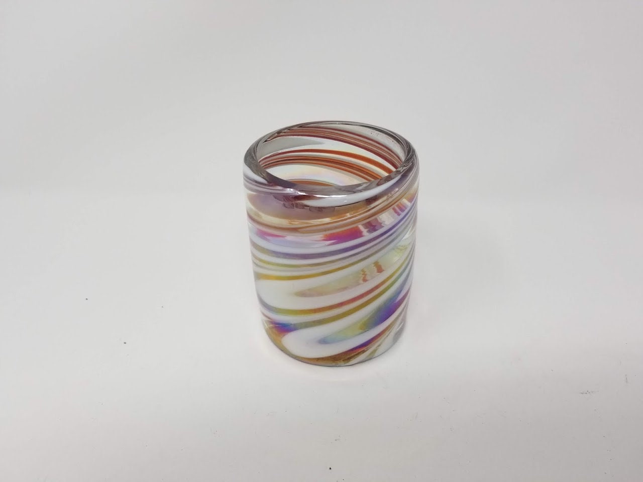 Hand Blown Low Ball Tumbler Glass - Red/White Iridescent Swirl