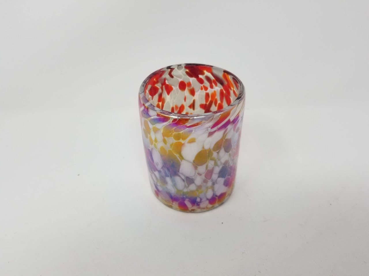 Hand Blown Low Ball Tumbler Glass - Red/White Iridescent Confetti