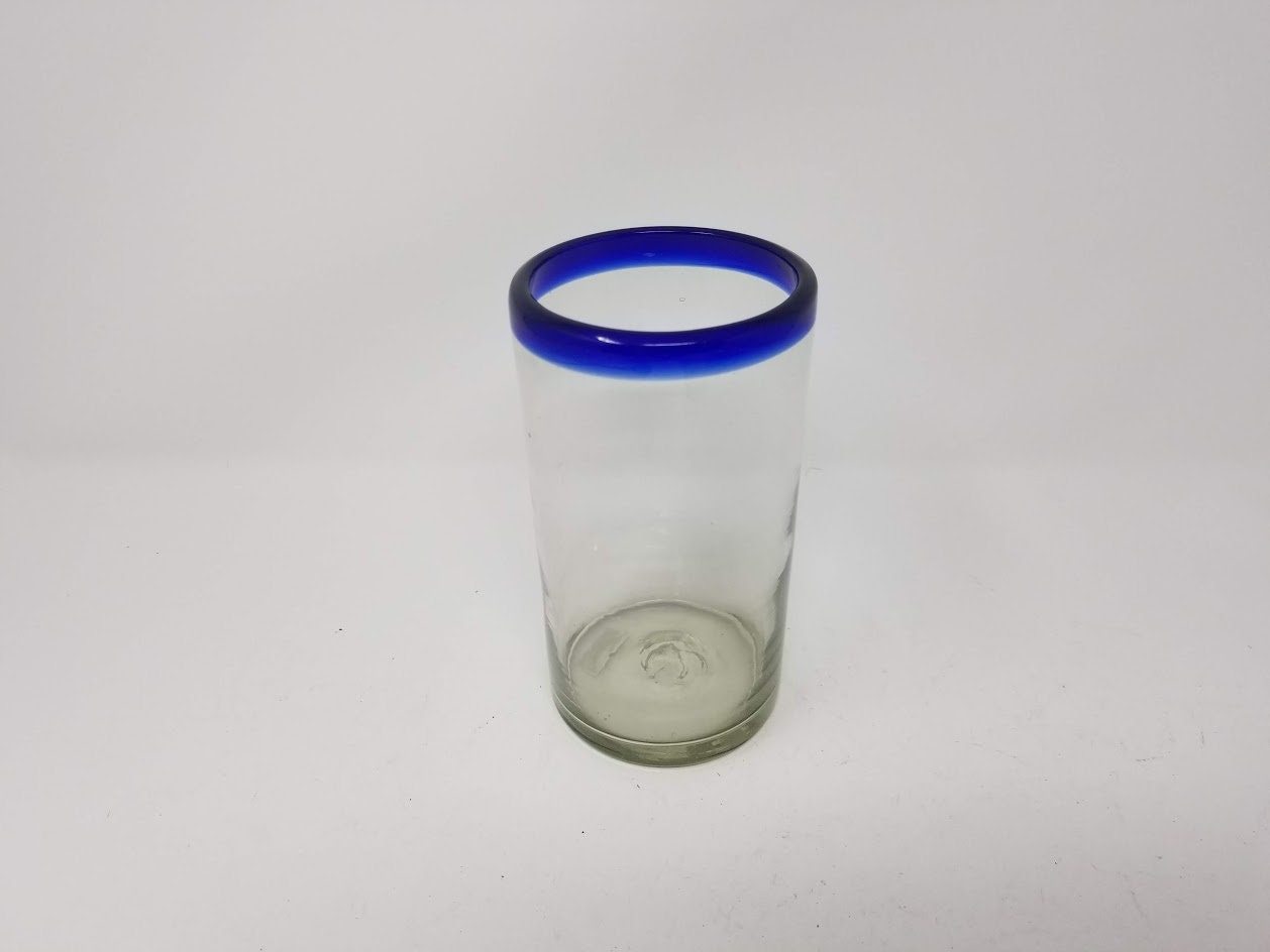 Hand Blown Water Glass - Cobalt Blue Rim
