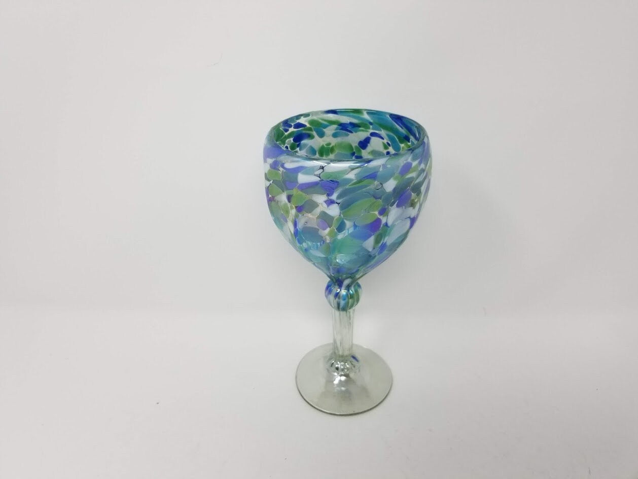 1 Hand Blown Wine Glass - Aegean Blue Iridescent - Blue Dorado Designs