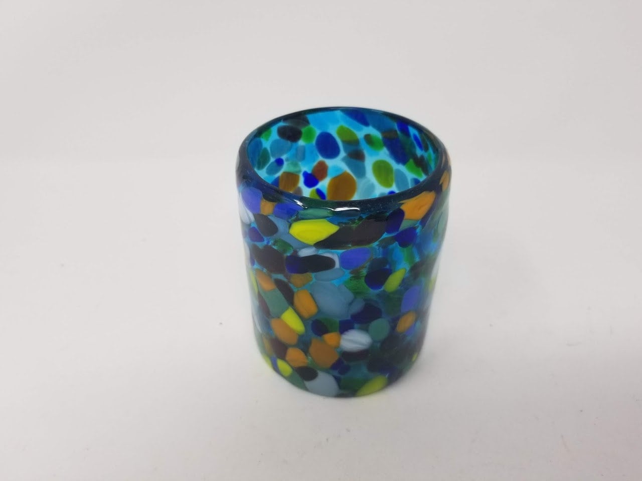 Hand Blown Low Ball Tumbler Glass - Turquoise Confetti