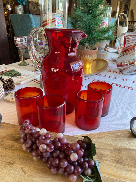 80 oz Hand Blown Glass Pitcher - Tall Curved Solid Red