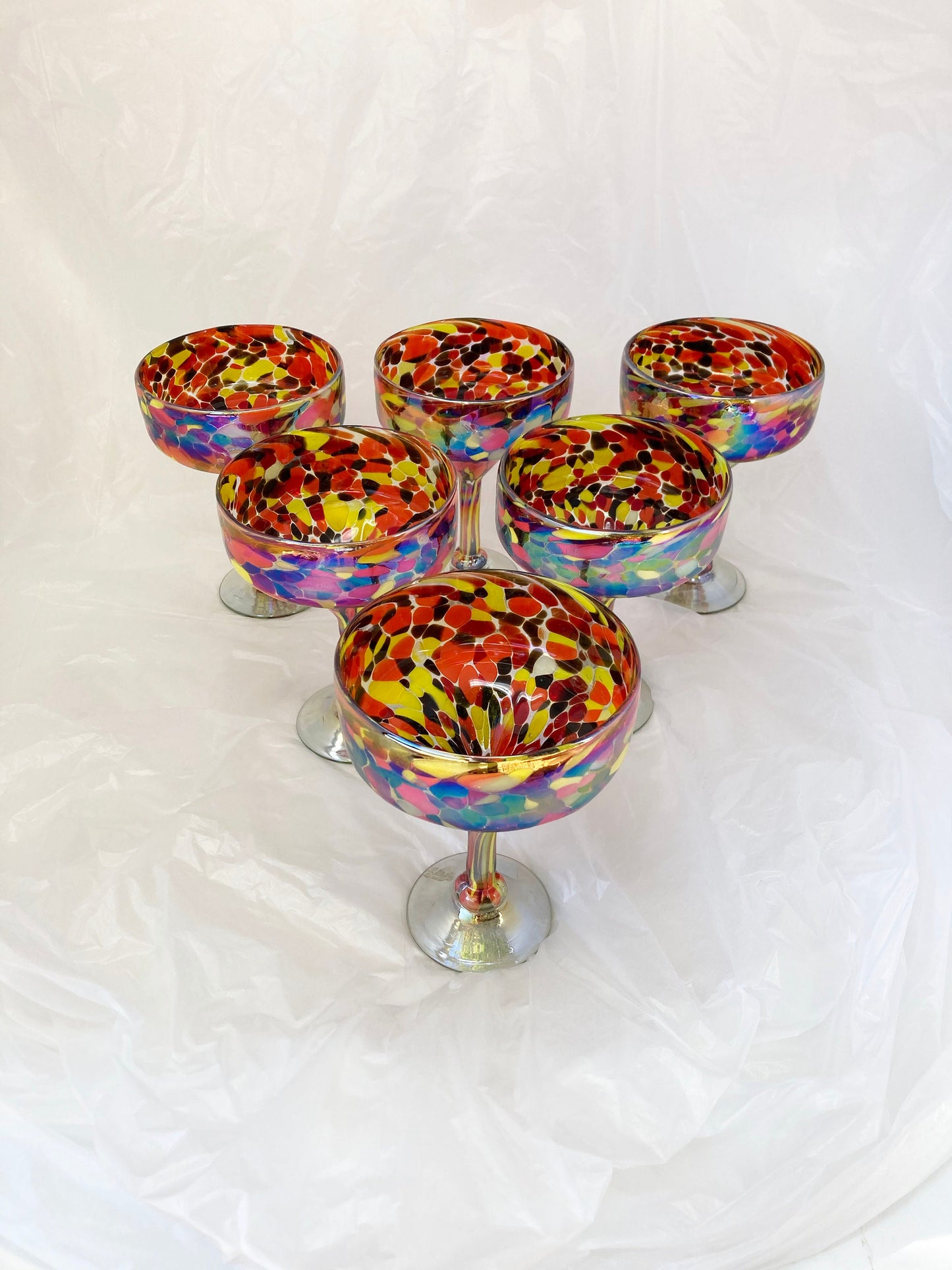 Hand Blown Margarita Glass - Red/Orange Iridescent Confetti