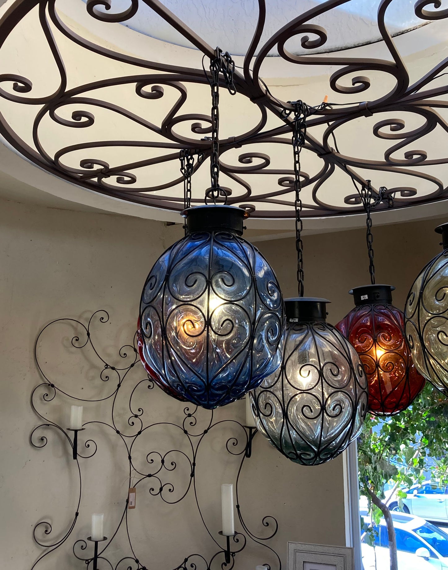 Hand Blown Oval Glass and Iron Light Pendant - 16x12" - various colors.