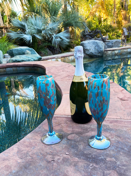 Hand Blown Champagne Glass - Blue Chocolate Iridescent Confetti