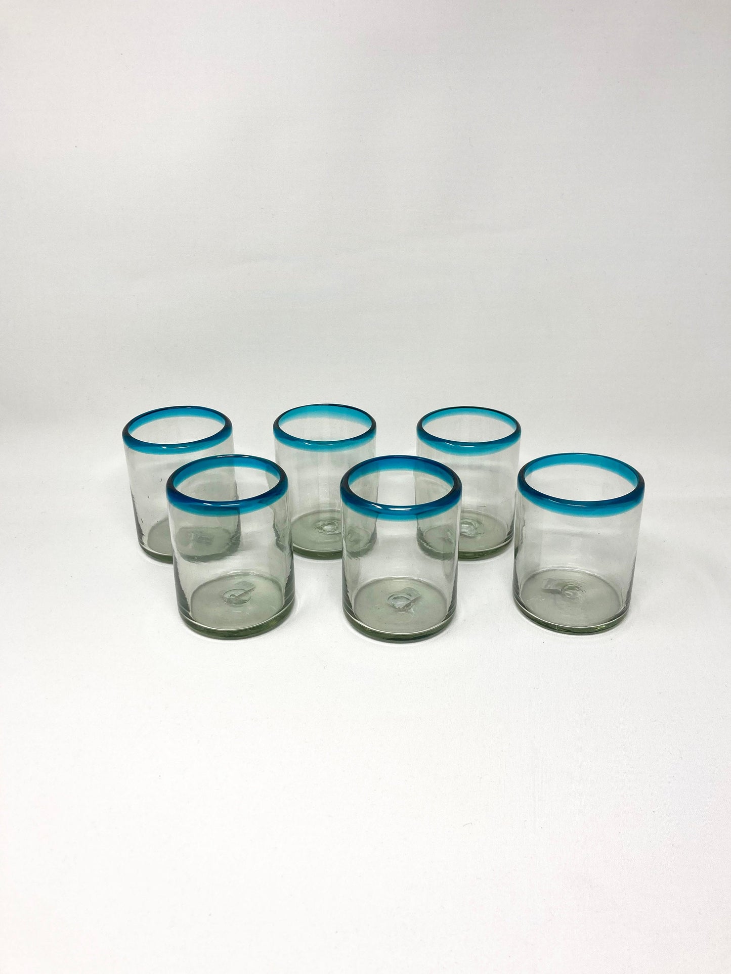 6 Hand Blown Low Ball Tumbler Glasses - Turquoise Rim