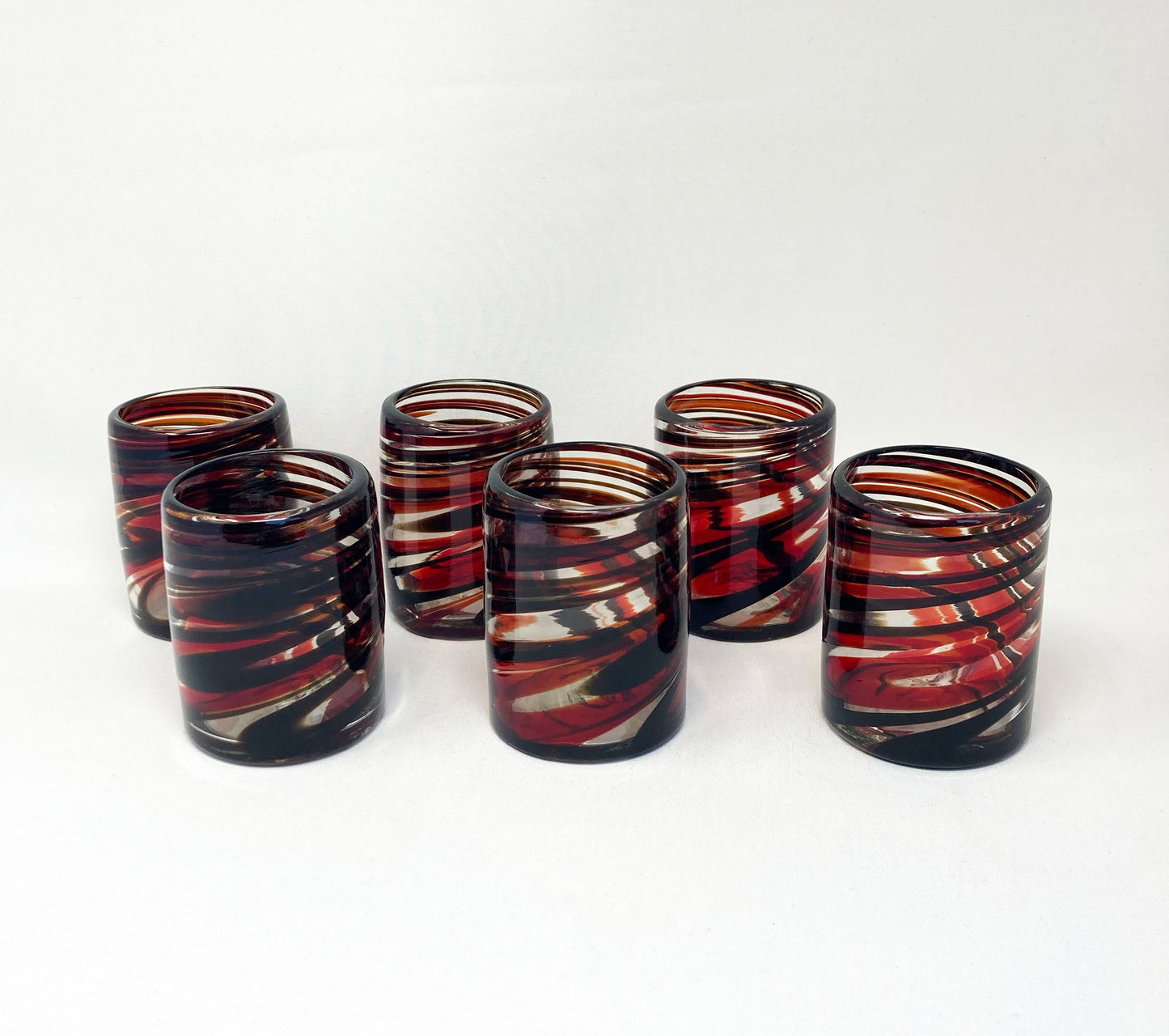 6 Hand Blown Low Ball Tumbler Glasses - Red/Chocolate Swirl