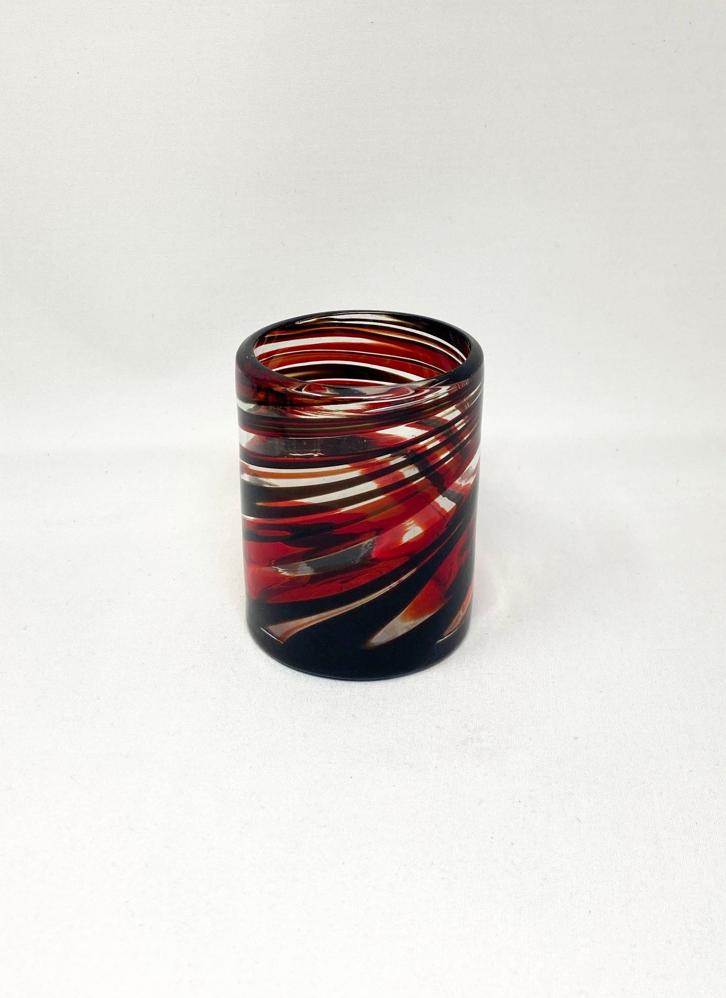 Hand Blown Low Ball Tumbler Glass - Red/Chocolate Swirl