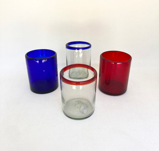 4 Hand Blown Low Ball Tumbler Glasses - Red, Blue and You Collection