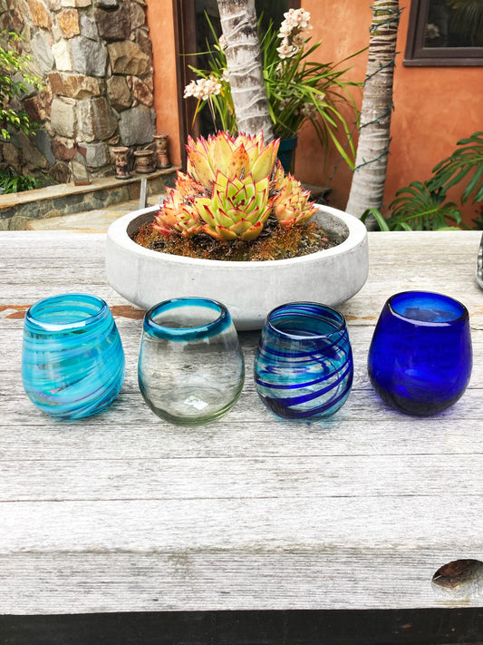 4 Hand Blown Stemless Wine Glasses - Blue Swirls Collection