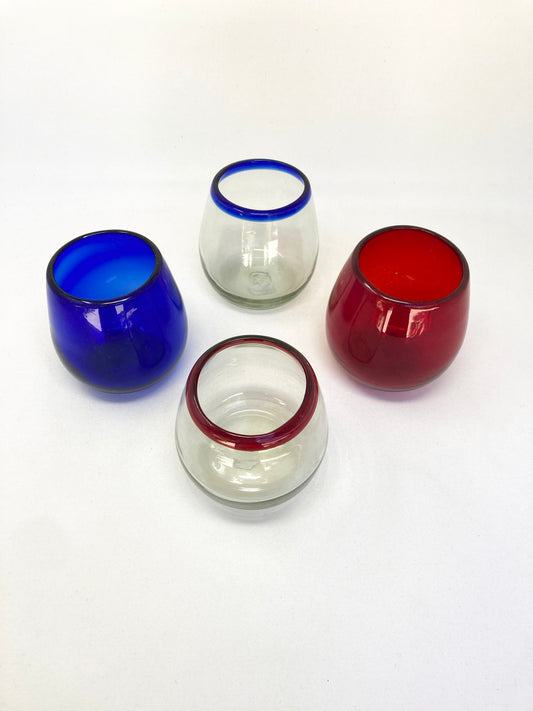 4 Handblown Stemless Wine Glasses - Red, Blue and You Collection
