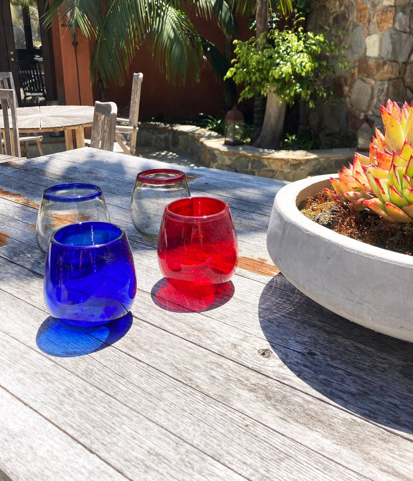 4 Handblown Stemless Wine Glasses - Red, Blue and You Collection