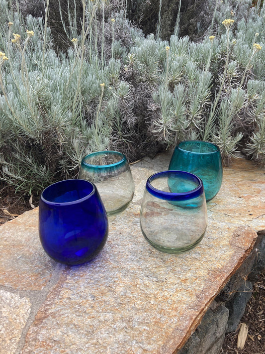 4 Hand Blown Stemless Wine Glasses - Blues Collection - Blue Dorado Designs