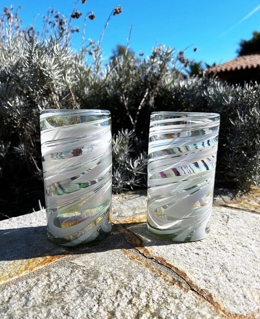 1 Hand Blown Water Glass - White Iridescent Swirl - Blue Dorado Designs