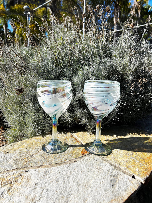 Hand Blown Wine Glass - White Iridescent Swirl