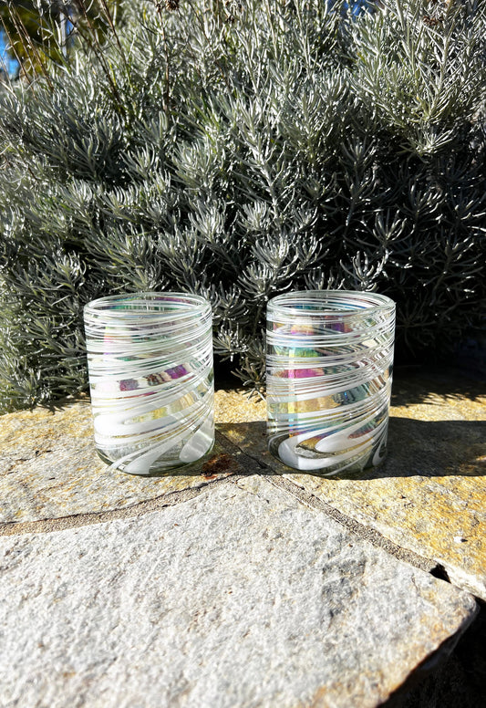 Hand Blown Low Ball Tumbler Glass - White Iridescent Swirl