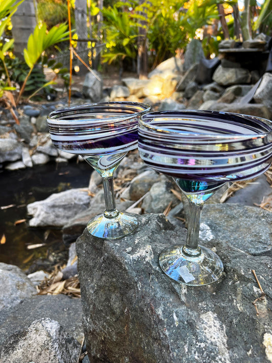 Hand Blown Margarita Glass - Purple/White Iridescent Swirl