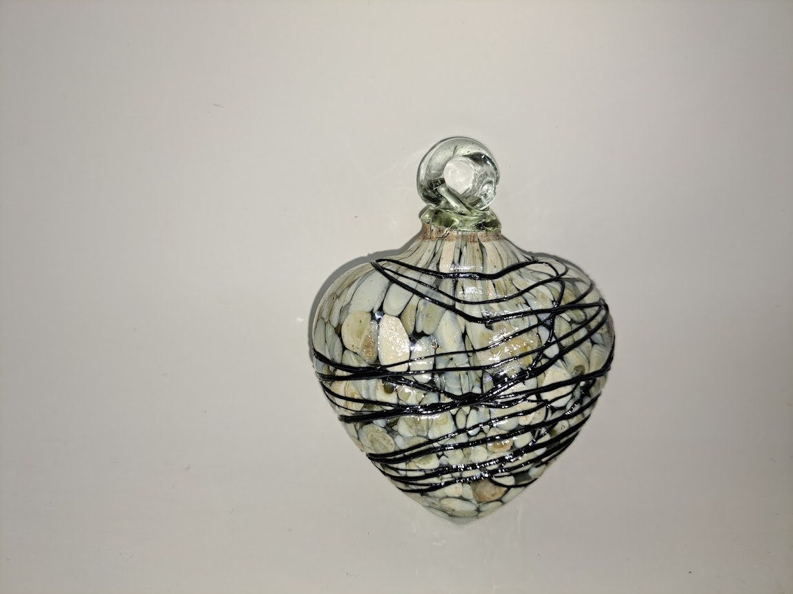 Hand Blown Glass Heart - 2.5" - White/Tan with Chocolate Web