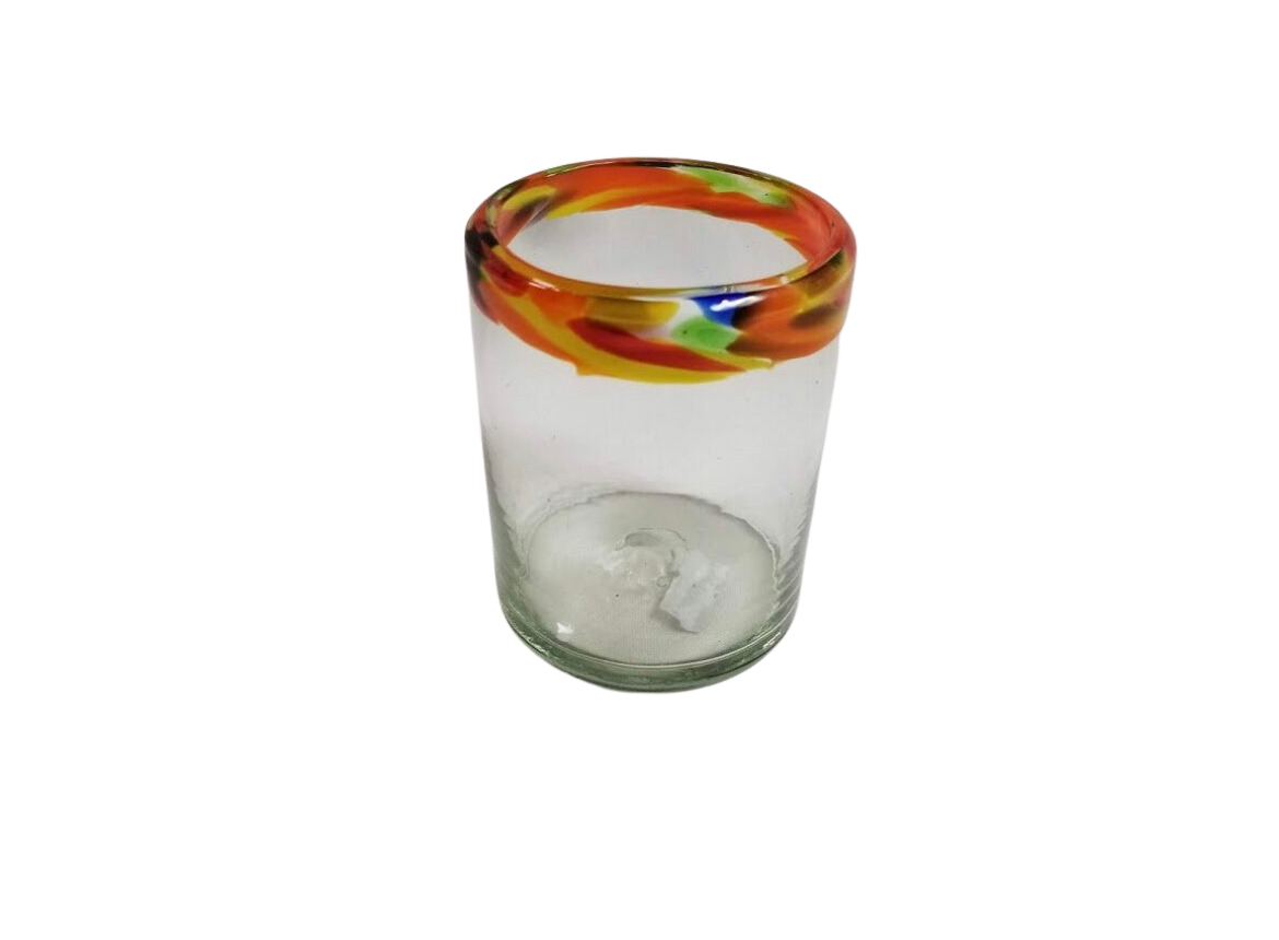 Hand Blown Low Ball Tumbler Glass - Confetti Rim