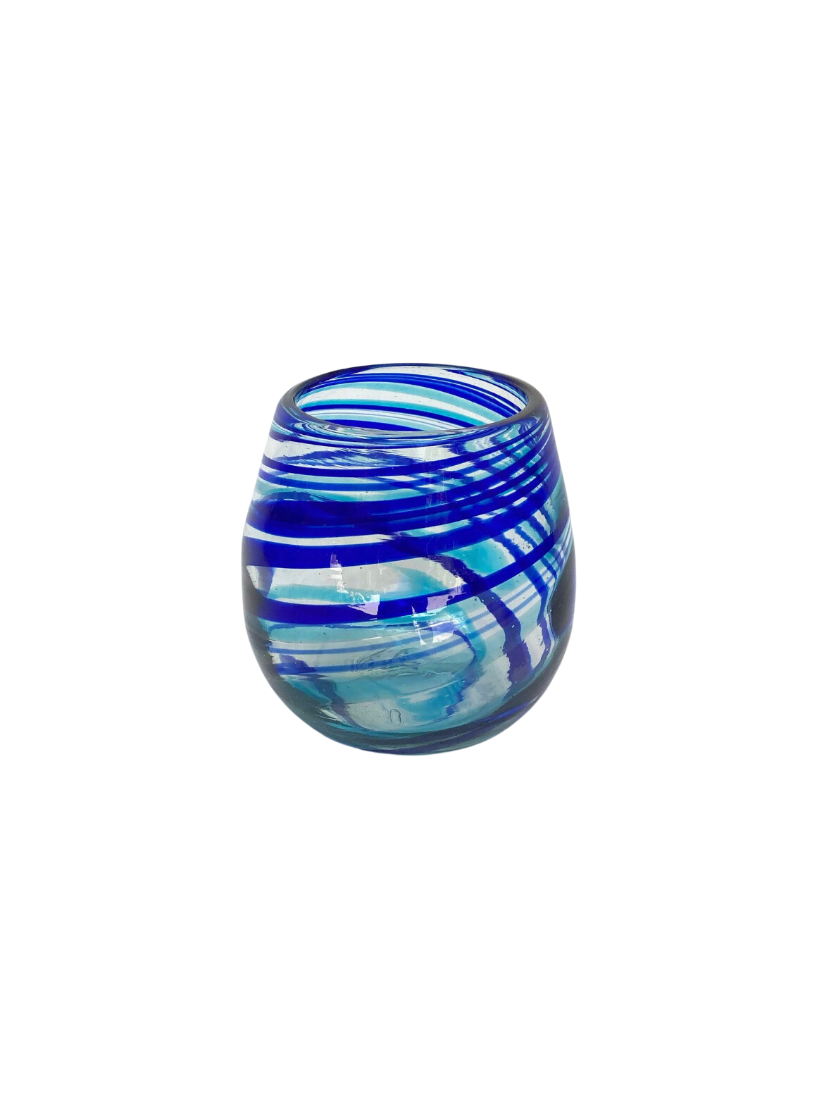 Hand Blown Stemless Wine Glass - Turquoise/Blue Swirl
