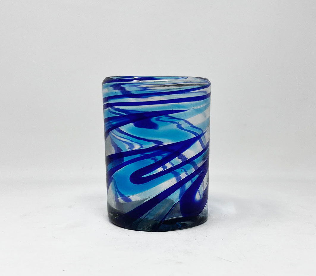 Hand Blown Low Ball Tumbler Glass - Blue / Turquoise Swirl