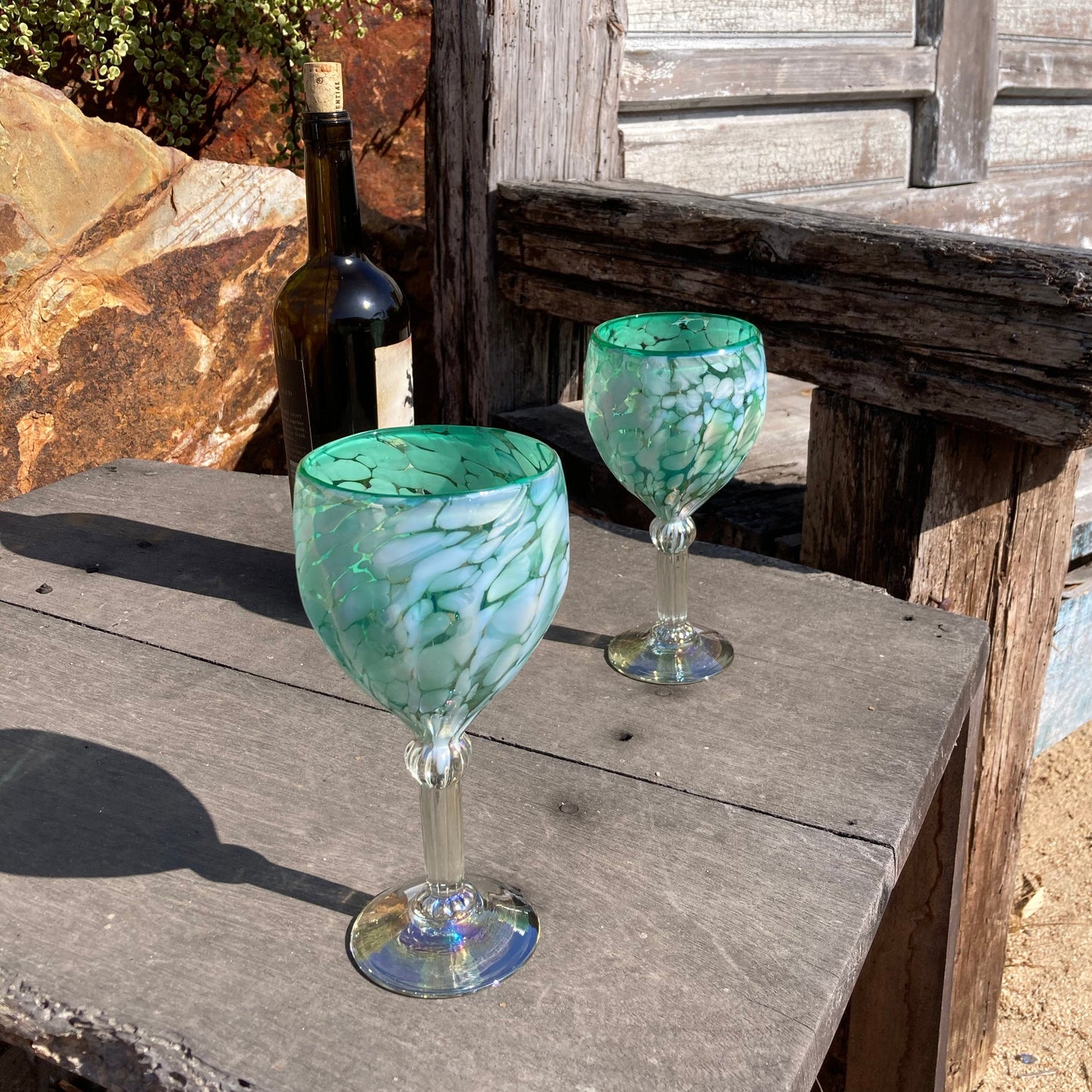 Hand Blown Wine Glass - Aegean Green (Iridescent)