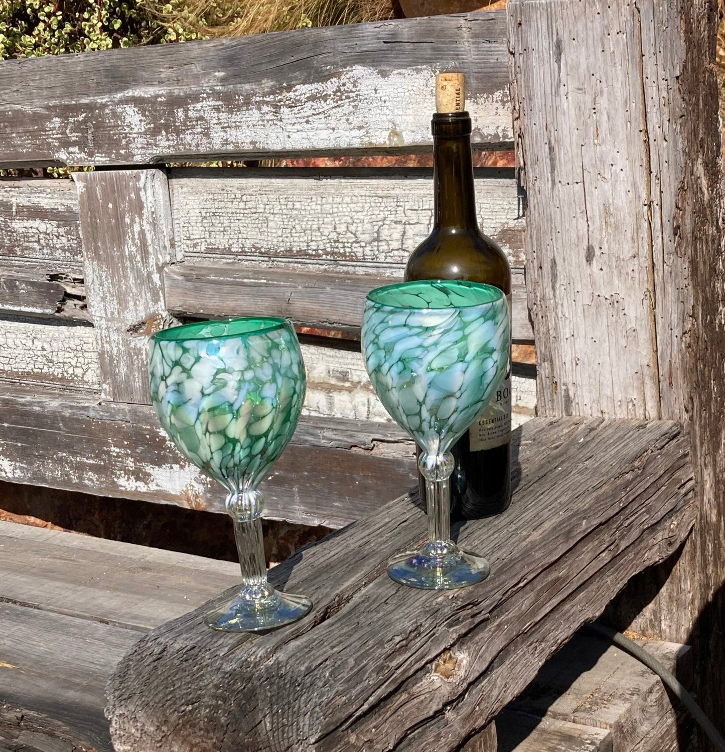 Hand Blown Wine Glass - Aegean Green (Iridescent)