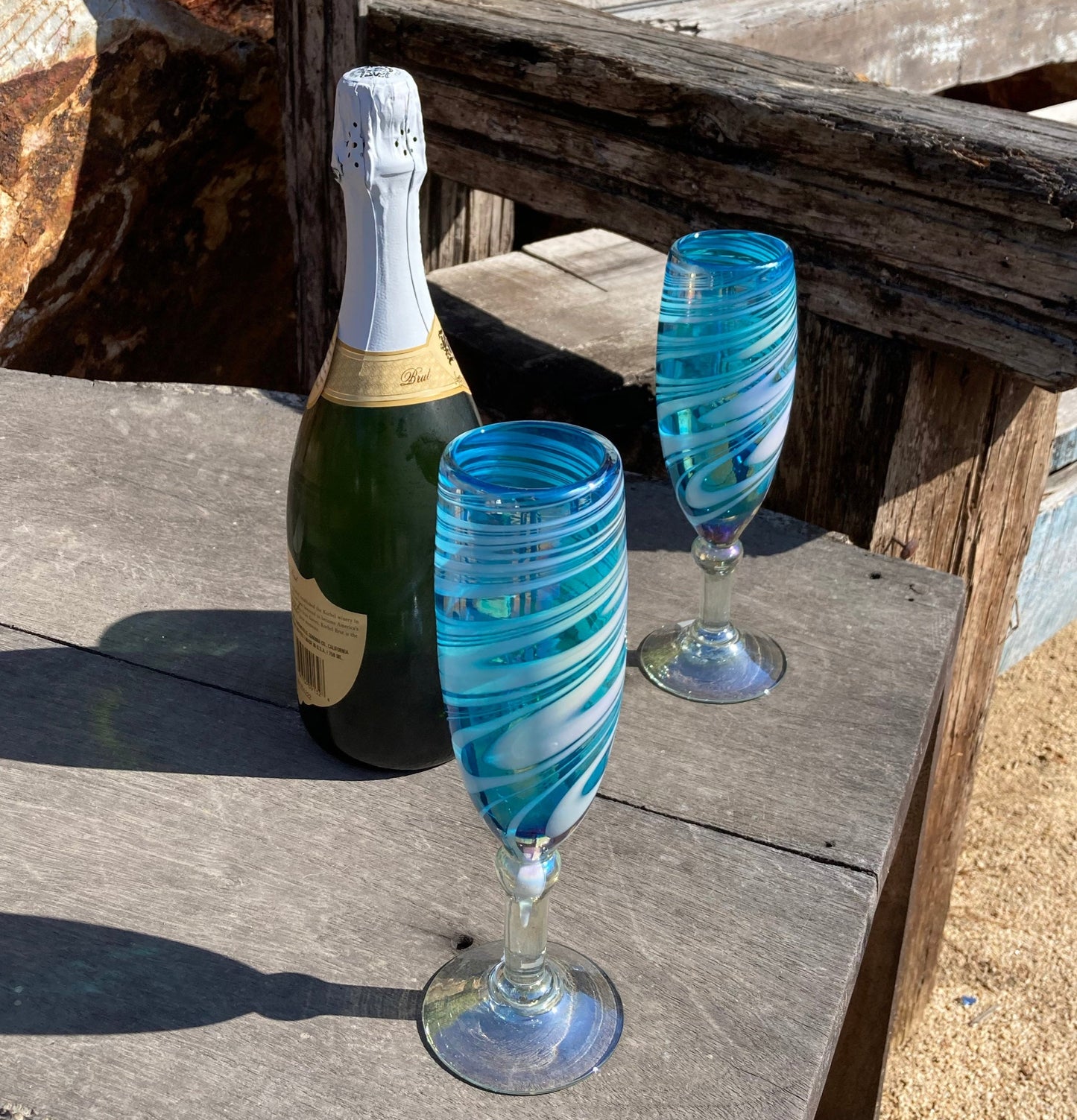 Hand Blown Champagne Glass - Turquoise and White Swirl