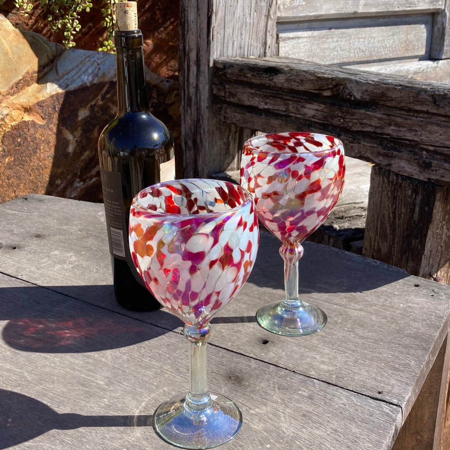Hand Blown Wine Glass - Red / White Iridescent Confetti