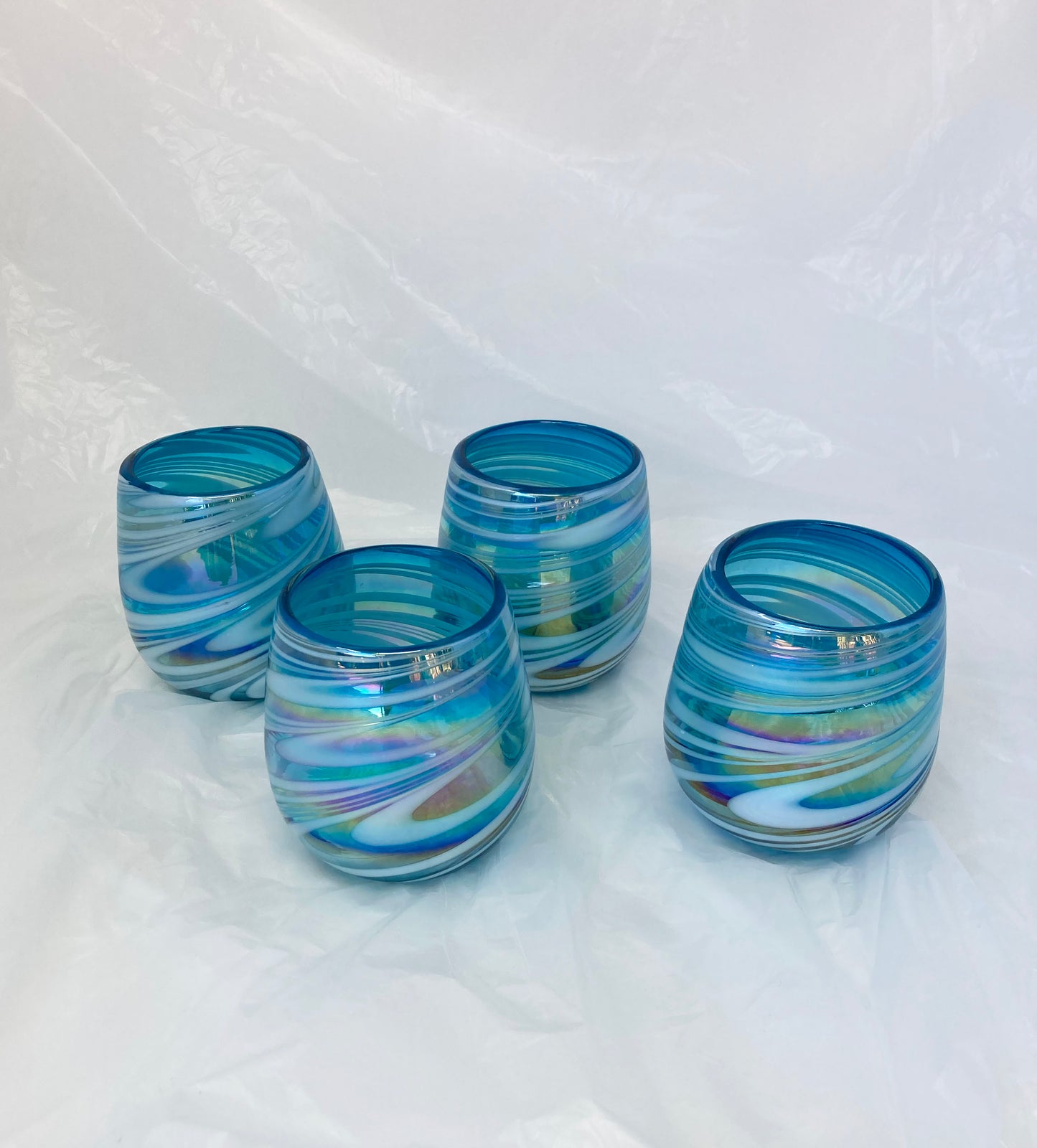 Stemless Wine Glass - Turquoise/White Swirl