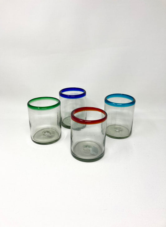Hand Blown Low Ball Glass - Turquoise Rim