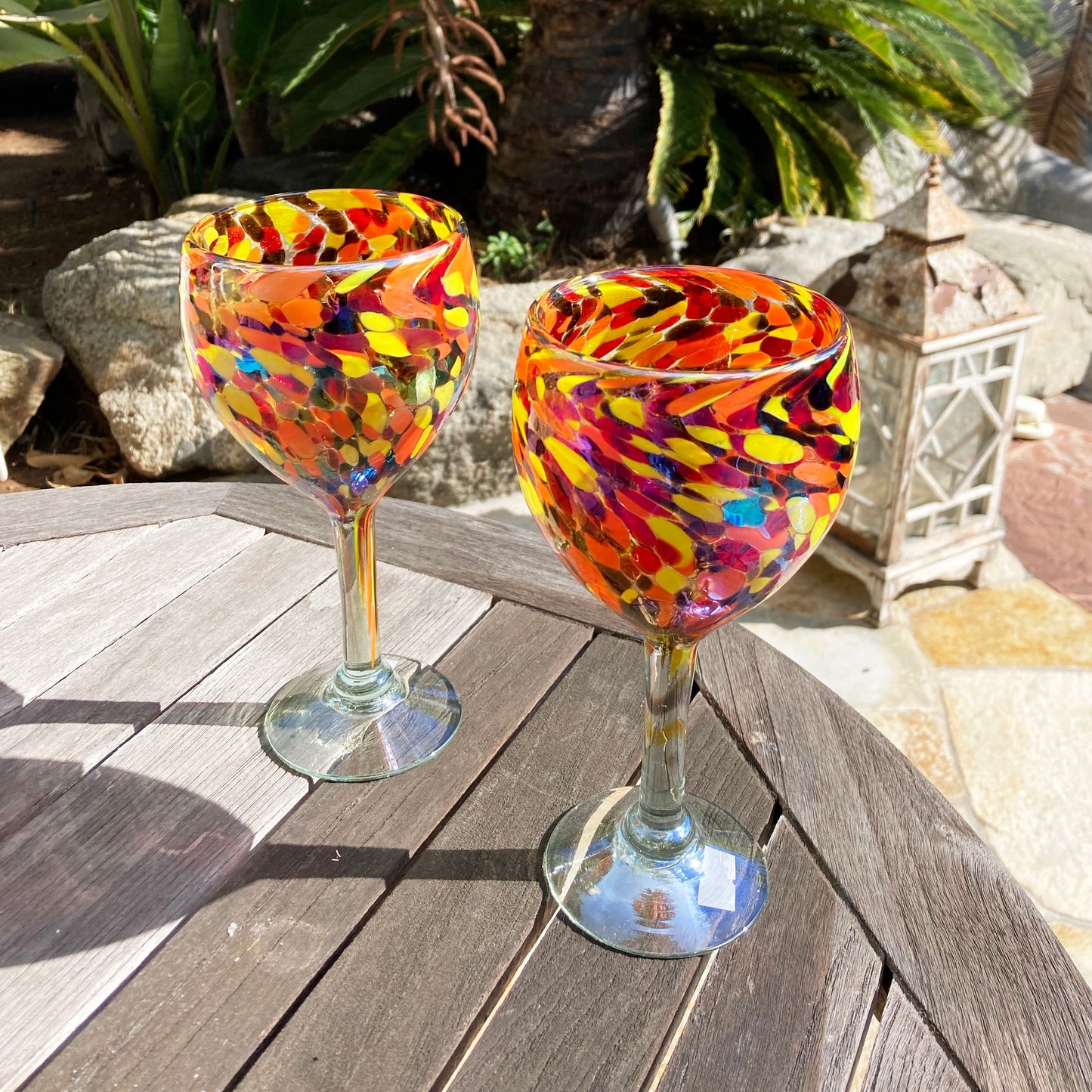 Hand Blown Wine Glass - Red / Orange Iridescent Confetti